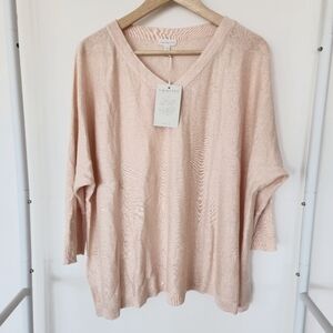 NWT Garnet Hill Linen Oversized V Neck Sweater in Pink Peony, Womens M + L